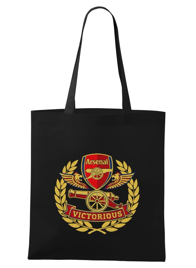 Arsenal győzelmi címer ágyúval és aranykoszorúval bevásárlótáskával