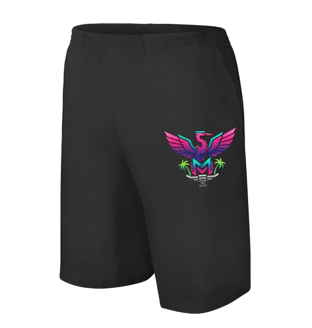 Férfi/gyerek rövidnadrág neon Miami Vice mintával és madár monogrammal és pálmafákkal