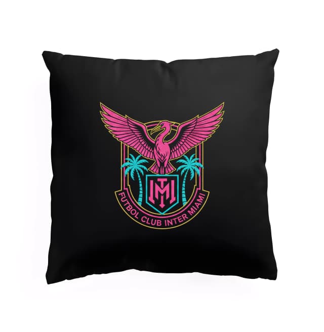 Párna rózsaszín flamingó Inter Miami neon emblémával pálmafákkal és pajzs