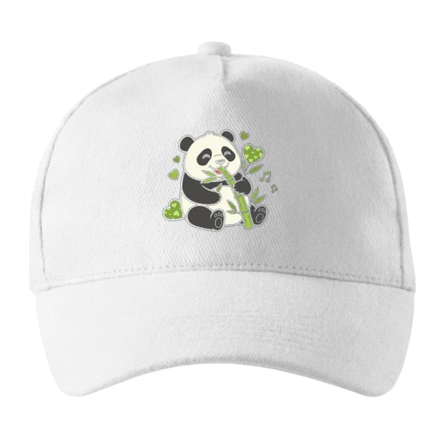 Sapka Aranyos Panda bambuszt eszik szerelmes szívekkel és zenével