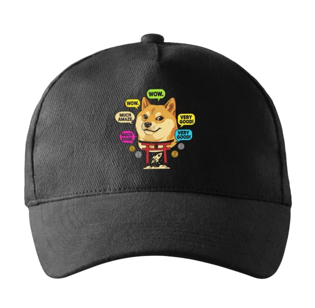 Vidám Shiba Inu Doge sapka japán torii kapuval, rakétával és Bitcoin érmékkel