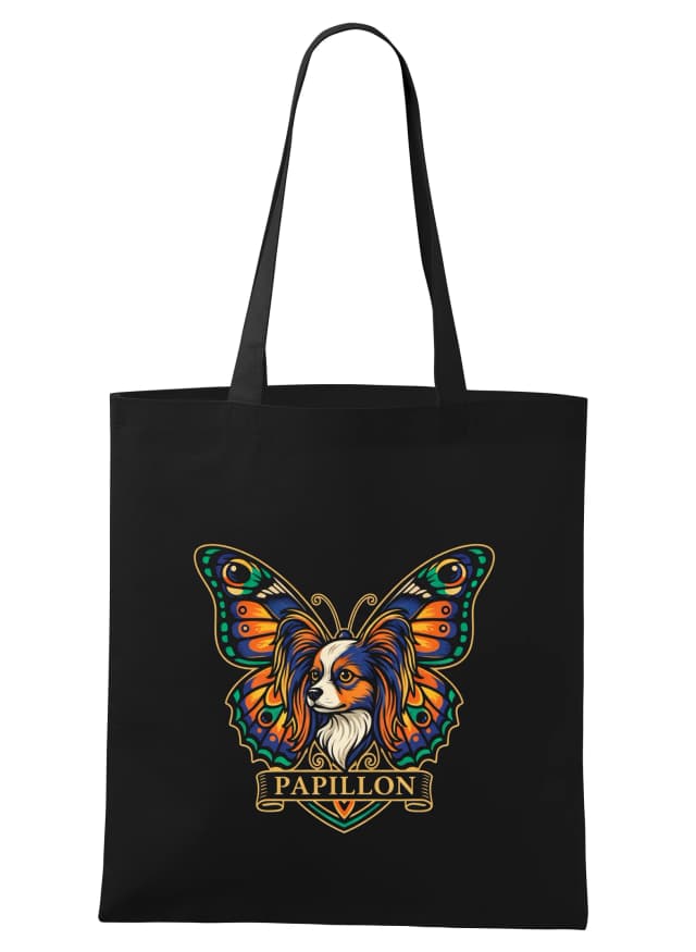 Papillon bevásárlótáska pillangószárnyakkal, az elegancia és a szabadság színes illusztrációja