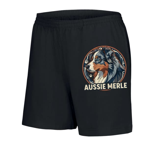 Női rövidnadrág Aussie Merle Royal mintával, kék szemű juhászkutya portréja retró grafikus stílusban