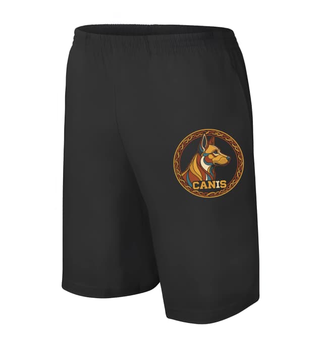 Férfi/gyermek rövidnadrág kelta kutya mintával, stilizált farkas arany dekoratív körben