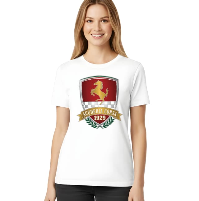 Női póló Red Racing Shield Scuderia Corsa 1929 Gold Prancing Horse And Laurel