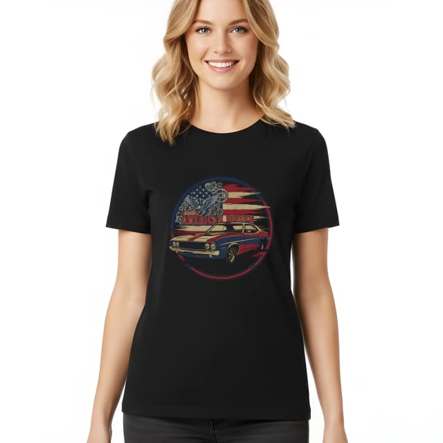 Női Vintage American Power Muscle Car póló sas és szakadt zászló mintával