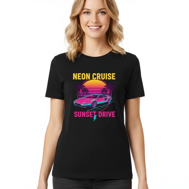 Női póló Night Neon Ride Neon Cruise Sunset Drive At Sunset In Retro 80-as évek stílusában