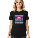 Női póló Retro 80-as évekbeli Synthwave Sunset Cruise Neon pálmafák és sportkocsi