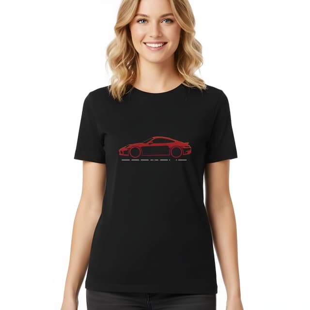 Női piros sziluettű póló Porsche minimalista stílusban a sebesség és az elegancia rajongóinak