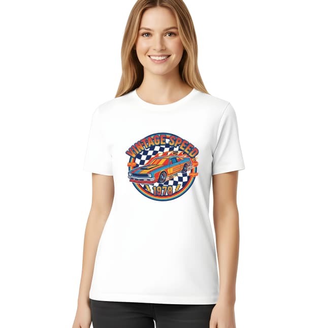 Női póló Retro Race Car Vintage Speed 1978 kockás zászlóval és lángokkal