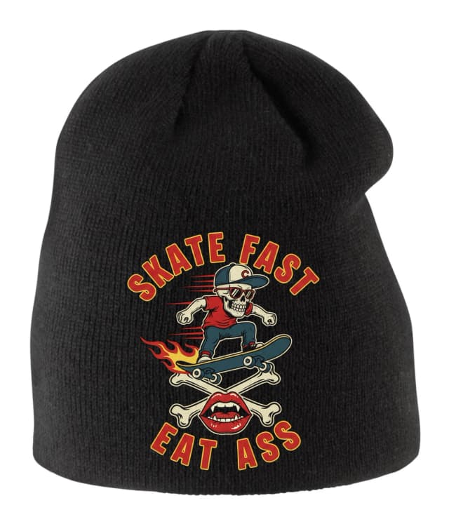 Skate Fast Kids téli sapka tüzes koponya deszkán keresztbe tett csontokkal és szemtelen ajkakkal