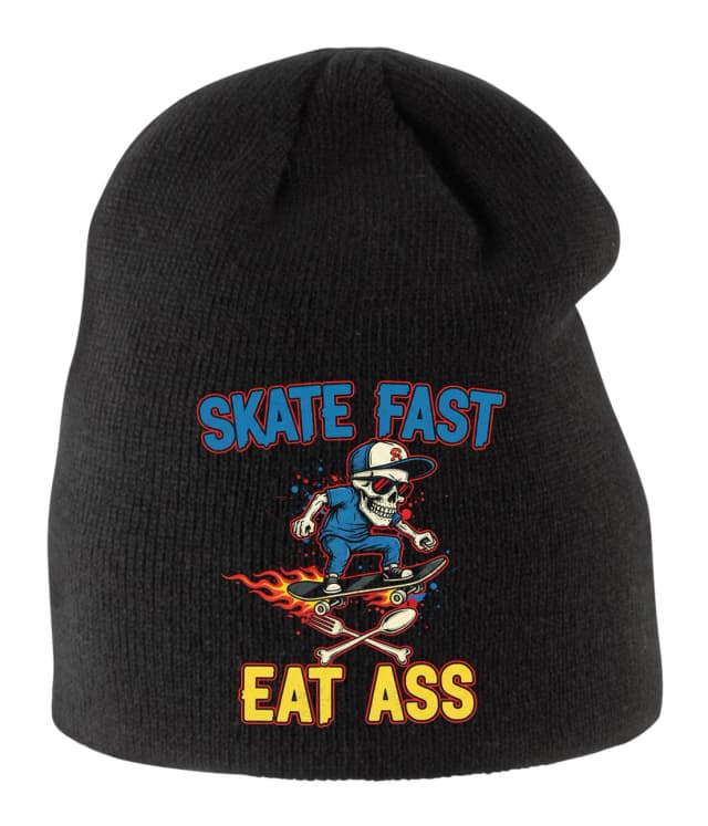 Skate Fast Kids téli sapka koponya egy gördeszkán lángokkal és evőeszközökkel